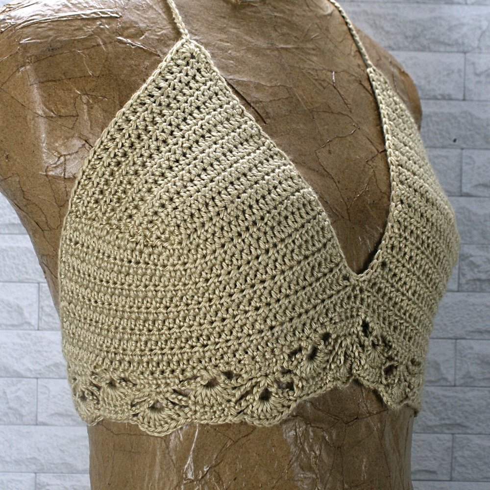 HAND CRAFTED Crop Top Crochet Bikini Halter Neutral Festival Rave Tan Various - Picture 2 of 14